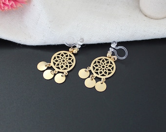 DREAMCATCHER | Boucles d'oreilles Attrape-rêves doré | Clips d'oreille invisibles pour oreilles non percées ou crochets en gold filled