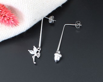 TINKERBELL | Boucles d'oreilles asymétriques Fée Clochette et gland | Bijou inspiré par Peter Pan