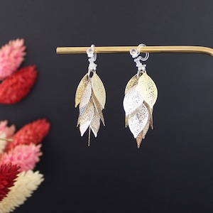 FOLIAGE Earrings with invisible clips for non-pierced ears Gold and silver leaf wedding jewelry Or et Argent
