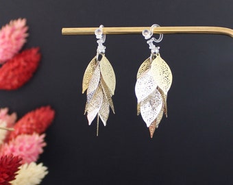 FEUILLAGE | Boucles d'oreilles avec clips invisibles pour oreilles non percées | Bijou mariage feuille or et argent