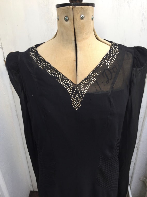 30s Black Silk Dress, Bias Cut with Stunning Diam… - image 1