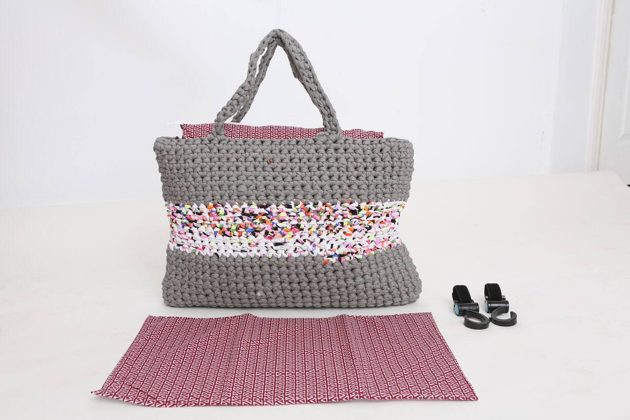 Bronze сylinder Crochet Short Handle Bag on chain,Beige Round Circle Tshirt Yarn Purse,Crossbody Knitted handbag,Vegan Clutch Gift Idea