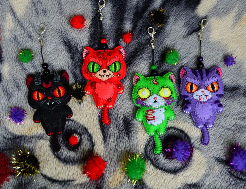 Spooky Cat Plushie Keychain, Gothic Halloween Doll image 5