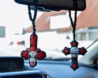 Coche gótico espejo retrovisor colgante encanto accesorios satánico diablo satan cruz rosario cabra vampiro cráneo horror arte alternativo hecho a mano