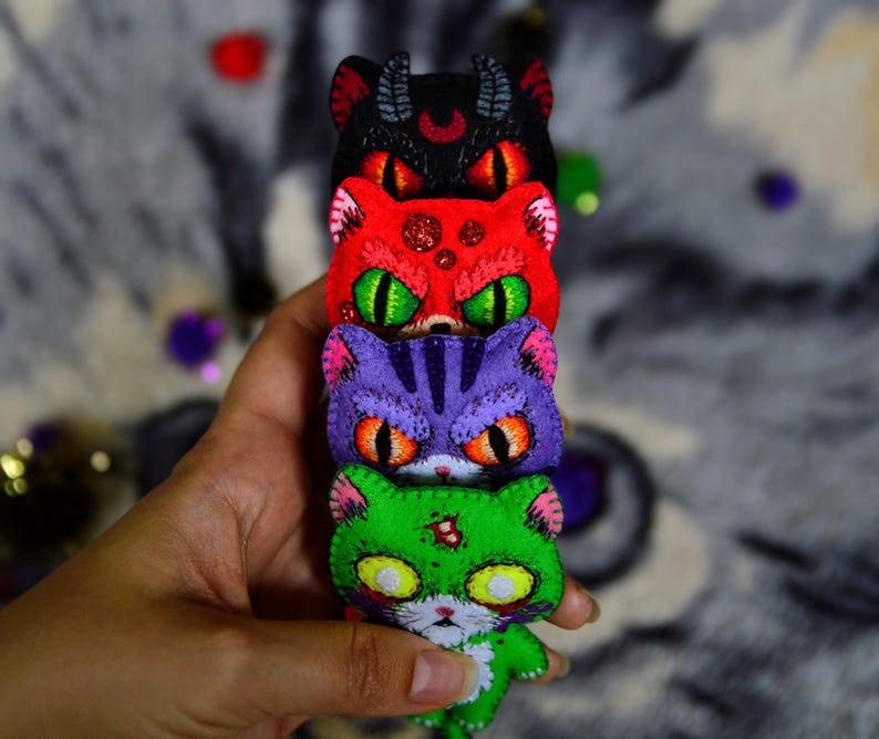 Spooky Cat Plushie Keychain, Gothic Halloween Doll image 2