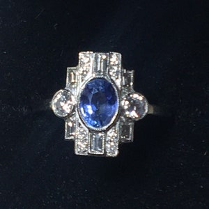 Platinum. Art Deco. Inspired. Natural Sapphire & Sparkling Diamond Ring. Size O. U.S. Size 7.5 image 8