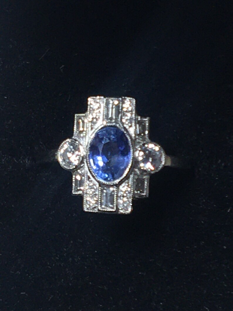 Platinum. Art Deco. Inspired. Natural Sapphire & Sparkling Diamond Ring. Size O. U.S. Size 7.5 image 8