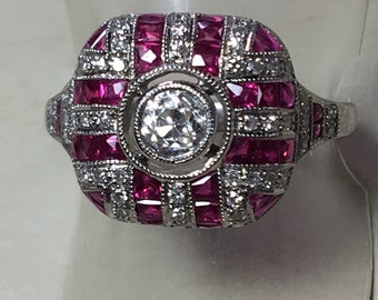 Stunning. 18ct. 750. Deco Inspired. Natural Ruby & Sparkling Diamond Ring. Size. N 1/2. U.S.Size 7.25