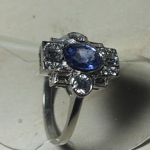 Platinum. Art Deco. Inspired. Natural Sapphire & Sparkling Diamond Ring. Size O. U.S. Size 7.5 image 5