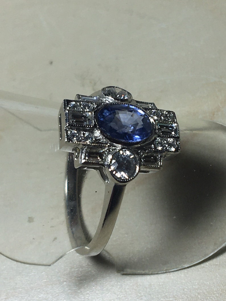 Platinum. Art Deco. Inspired. Natural Sapphire & Sparkling Diamond Ring. Size O. U.S. Size 7.5 image 5