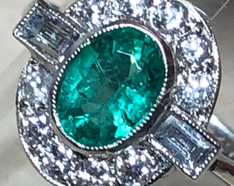 Platinum. Deco Inspired, Natural Emerald & Diamond Ring, Size N. U.S. Size 7