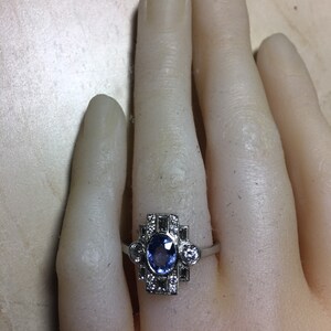 Platinum. Art Deco. Inspired. Natural Sapphire & Sparkling Diamond Ring. Size O. U.S. Size 7.5 image 7