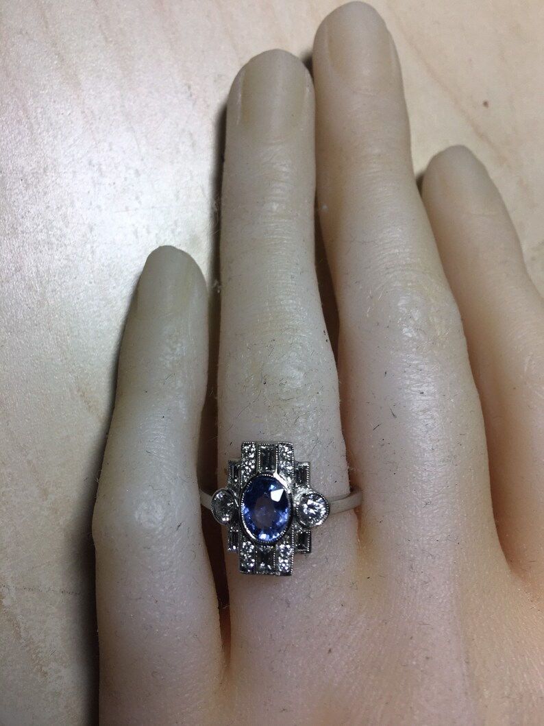 Platinum. Art Deco. Inspired. Natural Sapphire & Sparkling Diamond Ring. Size O. U.S. Size 7.5 image 7