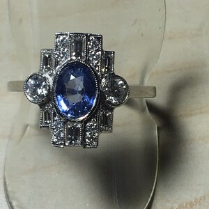 Platinum. Art Deco. Inspired. Natural Sapphire & Sparkling Diamond Ring. Size O. U.S. Size 7.5 image 3