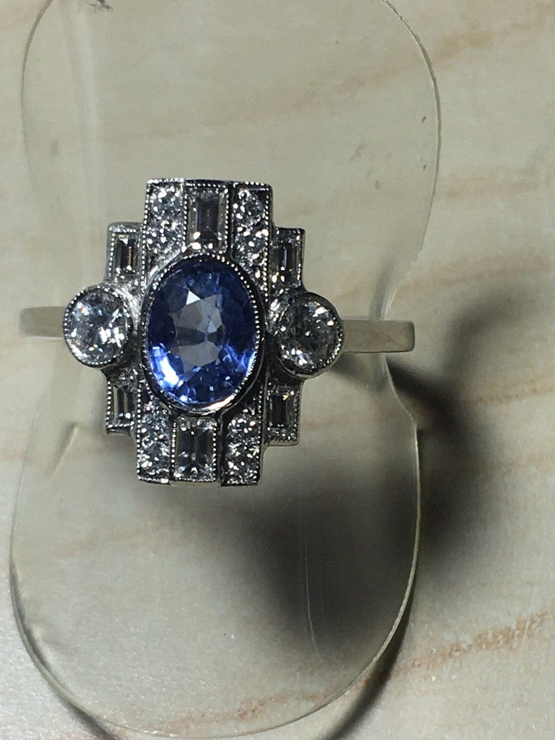 Platinum. Art Deco. Inspired. Natural Sapphire & Sparkling Diamond Ring. Size O. U.S. Size 7.5 image 3