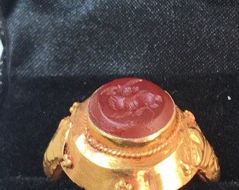 Vintage Etruscan Inspired. High Carat Gold. Carnelian Seal Ring. Size L. U.S. Size 6
