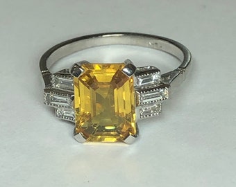 Platinum Art Deco Inspired. Natural Yellow Sapphire & Sparkling Diamond Ring. Size N 1/2. U.S. Size 7.25