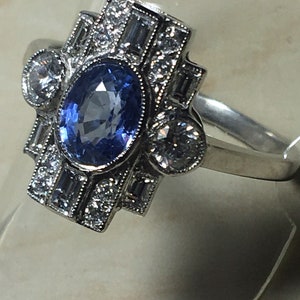 Platinum. Art Deco. Inspired. Natural Sapphire & Sparkling Diamond Ring. Size O. U.S. Size 7.5 image 1