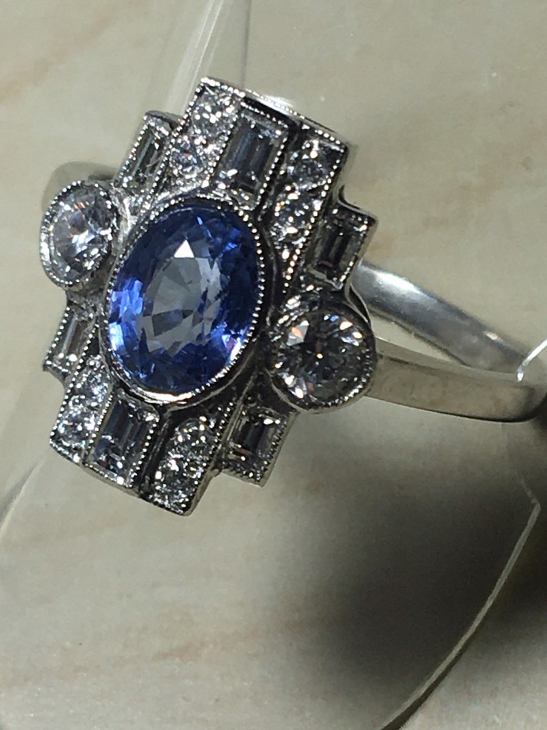 Platinum. Art Deco. Inspired. Natural Sapphire & Sparkling Diamond Ring. Size O. U.S. Size 7.5 image 1