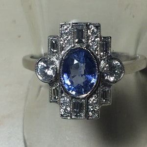 Platinum. Art Deco. Inspired. Natural Sapphire & Sparkling Diamond Ring. Size O. U.S. Size 7.5 image 2