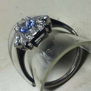 Platinum. Art Deco. Inspired. Natural Sapphire & Sparkling Diamond Ring. Size O. U.S. Size 7.5 image 6