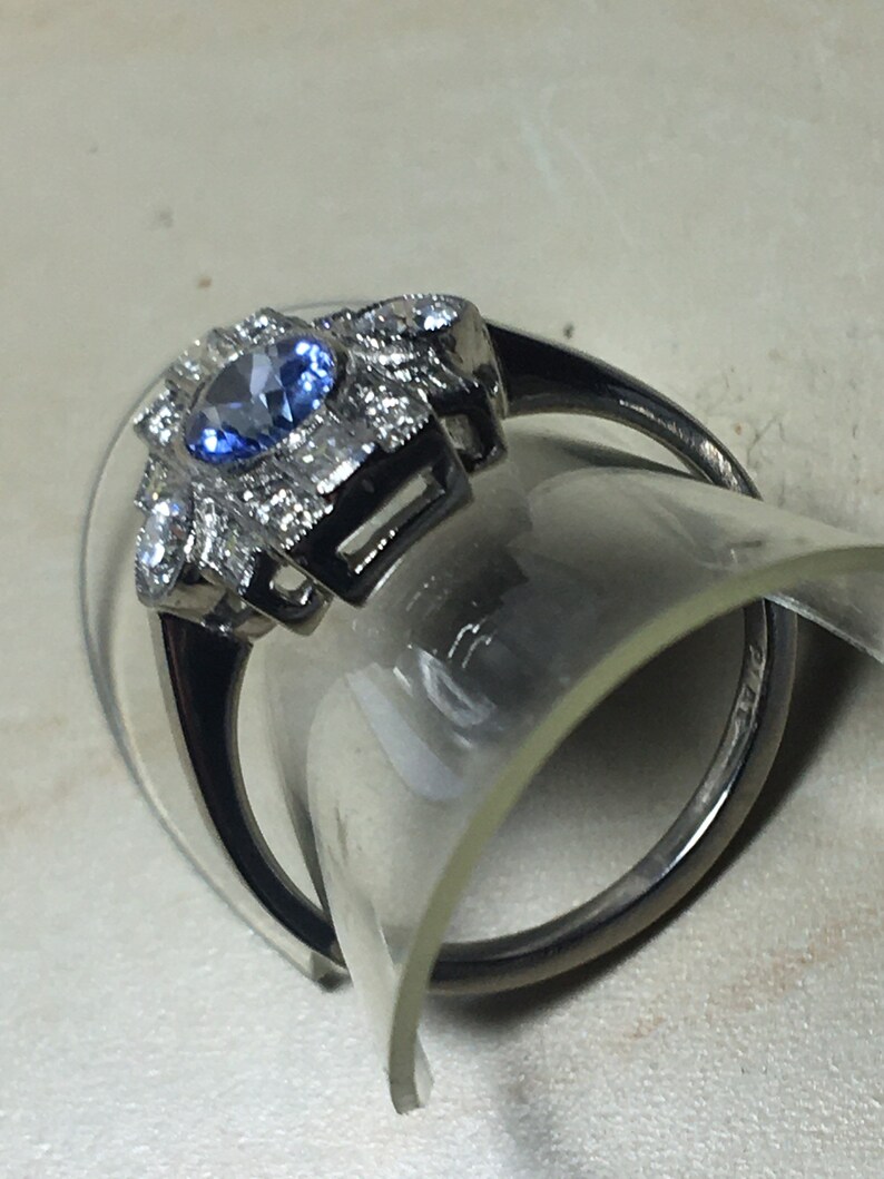 Platinum. Art Deco. Inspired. Natural Sapphire & Sparkling Diamond Ring. Size O. U.S. Size 7.5 image 6