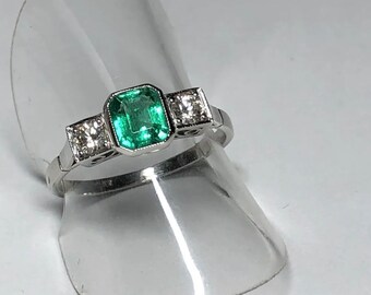 Platinum Deco Inspired Natural Emerald  & Diamond Triogy Ring. Size N