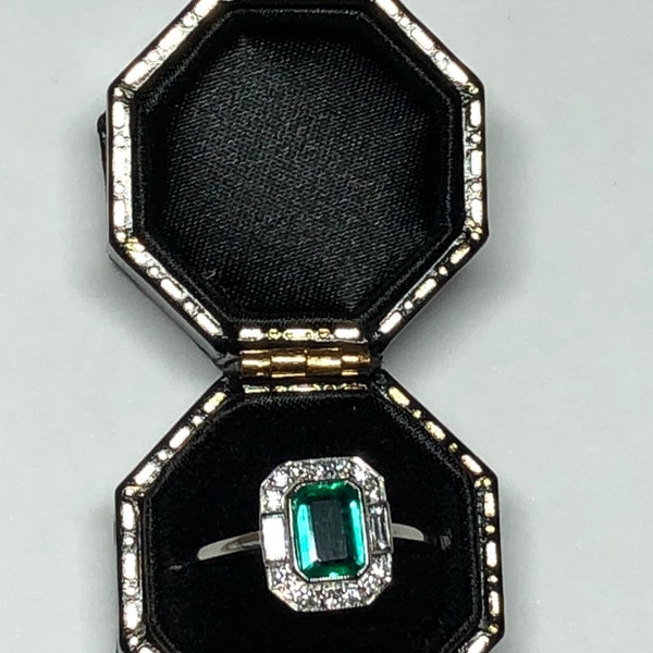 Deco Inspired. Platinum. Natural Emerald & Sparkling Diamond Ring. Size N. U.S. 7