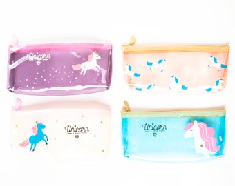 Clear Pic Pencil Case with Unicorn Design in White, Pink, Purple, Blue - Perfect for School and Art Supplies