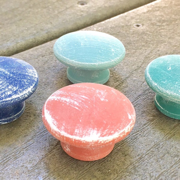 Drawer pulls Shabby chic cabinet knobs! Rustic Wooden handles, distressed hand painted. Coral, blue, turquoise, green, custom color knob