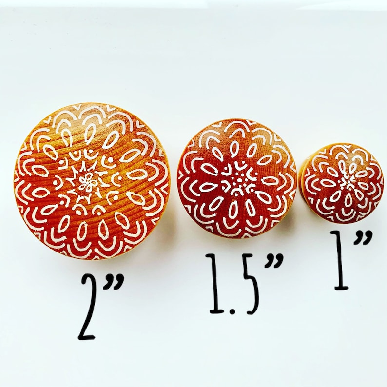 Boho natural wood knobs, hand painted, wood dresser drawer pulls. Natural birch with white designs Mandala knobs, with screws 1.5 or 2 image 3