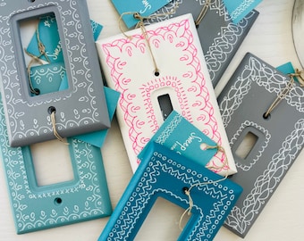 CLEARANCE! Hand Painted Boho Light Switch Cover: Aqua, Turquoise, Pink
