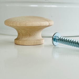 Unfinished solid wood knobs with screws, 1.5” diameter for your kitchen, bath, or dresser renovation