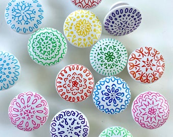 Drawer knobs, dresser drawer pulls, cabinet knob mandala hand painted white or white with natural wood, rainbow of color choices! boho