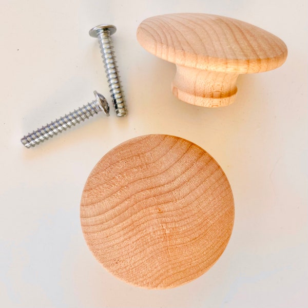 Unfinished solid wood knobs with screws, 2” diameter for kitchens, bathrooms, bifolds, cabinets, or dresser renovation
