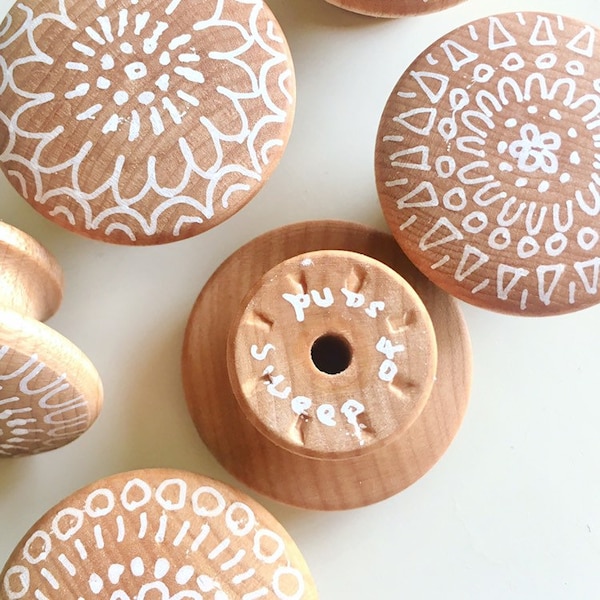 Boho natural wood knobs, hand painted, wood dresser drawer pulls. Natural birch with white designs- Mandala knobs, with screws 1.5” or 2"