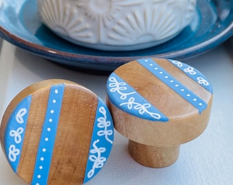 Modern Botanical Striped Wood Knobs: Custom Painted Decor, 1.5"