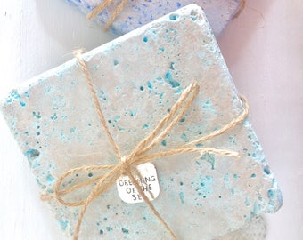 Stone coaster set color washed in seaglass green, boho blue, pink, set of 2 natural stone coasters, absorbent and cork backed, coastal beach
