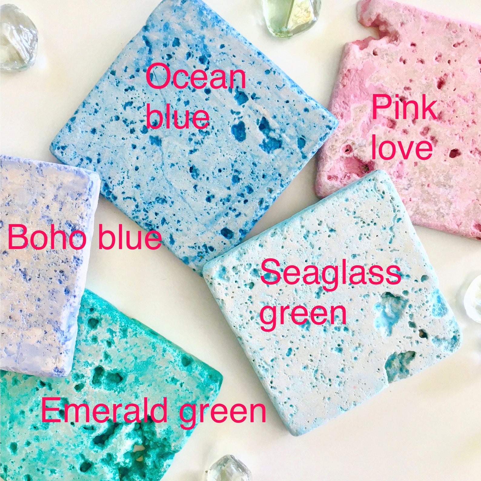 Stone Coaster Set Color Washed in Seaglass Green, Boho Blue, Pink, Set of 2 Natural Stone
