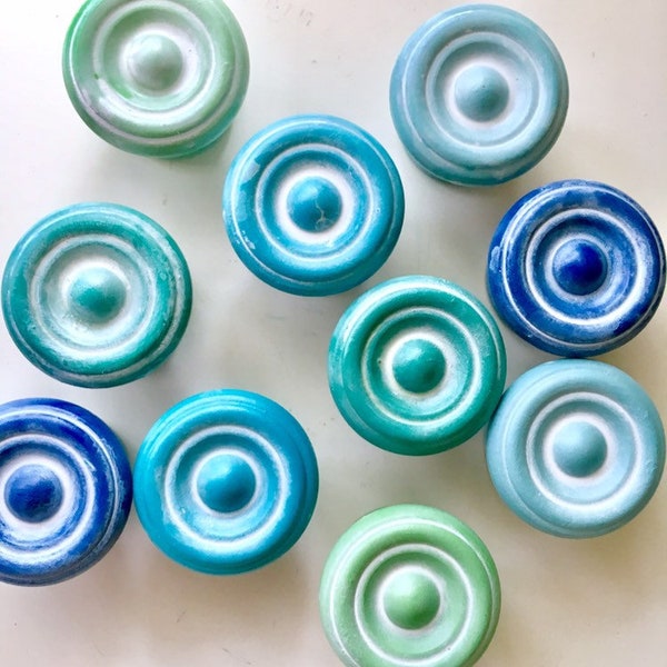 Vintage Dresser knobs with cottage chalky finish. Kitchen cabinet knobs, shabby. turquoise, blue, aqua, custom. Wood 1.5” includes screws