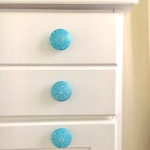 Boho natural wood knobs, hand painted, wood dresser drawer pulls. Natural birch with white designs Mandala knobs, with screws 1.5 or 2 image 10