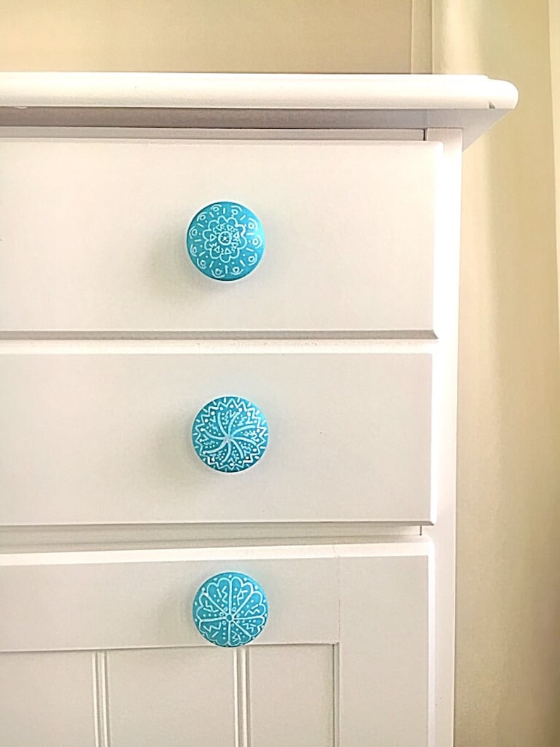 Boho natural wood knobs, hand painted, wood dresser drawer pulls. Natural birch with white designs Mandala knobs, with screws 1.5 or 2 image 10