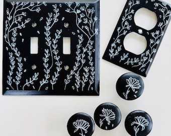 Hand-Painted Botanical Light Switch Cover: Custom Colors, Metal. Toggle, rocker, or outlet.