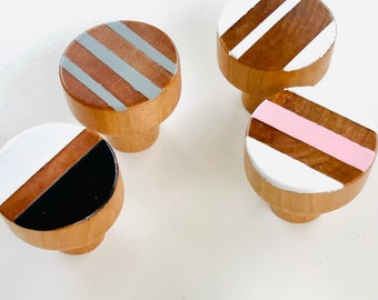 Striped Wood Knobs: Modern Cabinet Drawer Pulls, Custom Colors