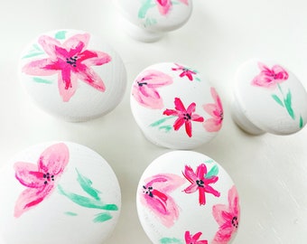 Hand Painted Floral Wood Knob: Pink & Blue Flower Design