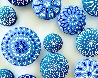 Boho knobs for cabinets or drawers in Turquoise, aqua, orange, purple, pink, navy blue, coral, red - Custom wood mandala 1.5" or 2”