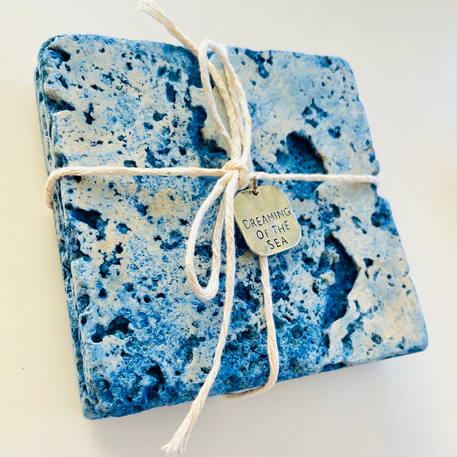 Stone Coaster Set Color Washed in Seaglass Green Boho Blue Etsy