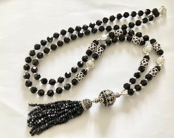 Long black crystal glass tassel necklace flapper necklace beaded necklace statement necklace handmade necklace pendant necklace