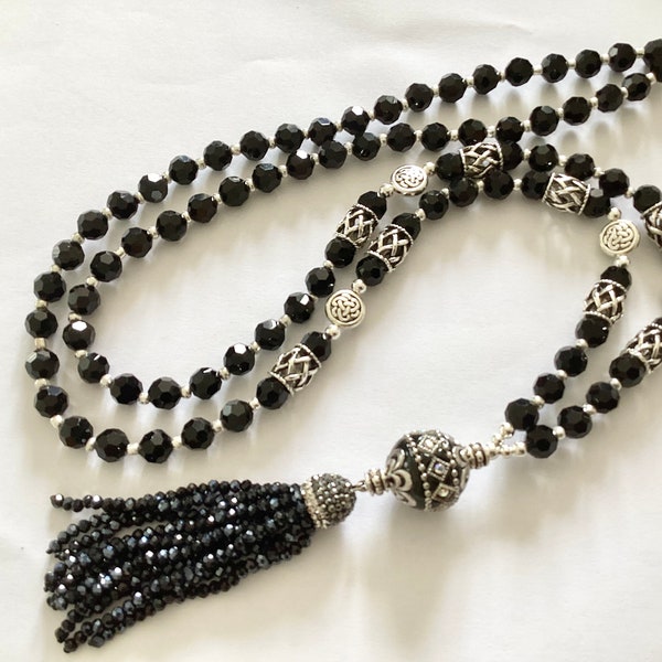 Long black crystal glass tassel necklace flapper necklace beaded necklace statement necklace handmade necklace pendant necklace