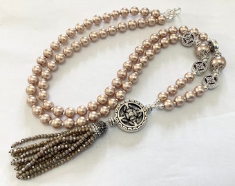 Long latte glass pearl tassel necklace flapper necklace beaded necklace statement necklace handmade necklace pendant necklace